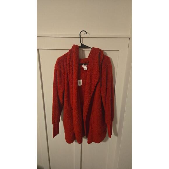 Top It Off Sweaters - Top it off Red Sherpa Hooded Open Front Cardigan One Size